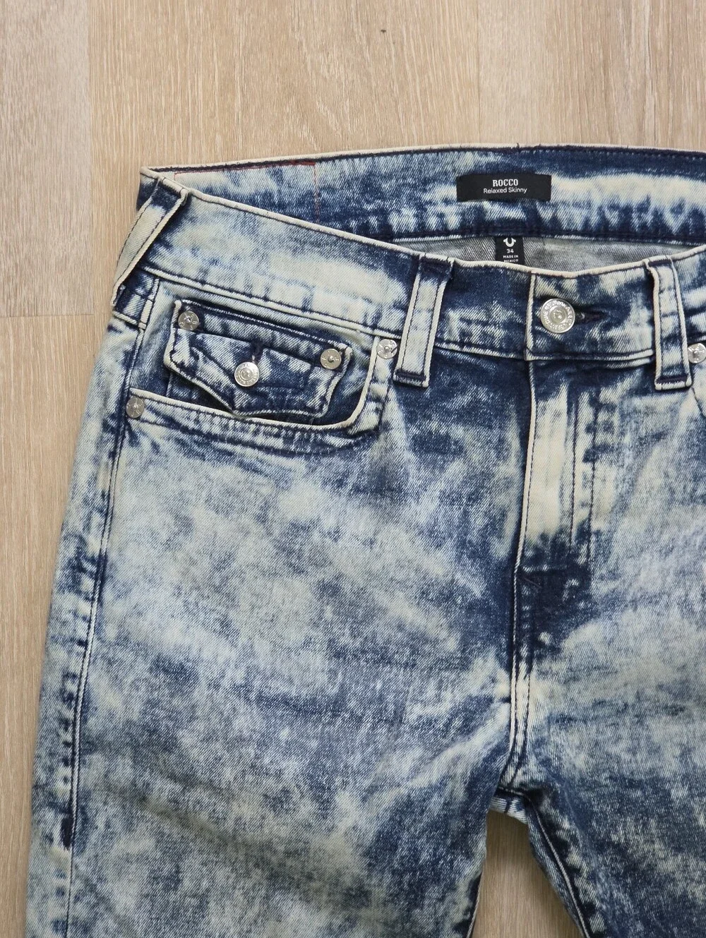 True Religion Jeans Size 34 Mens Rocco Relaxed Skinny Acid Wash Flap Pocket
